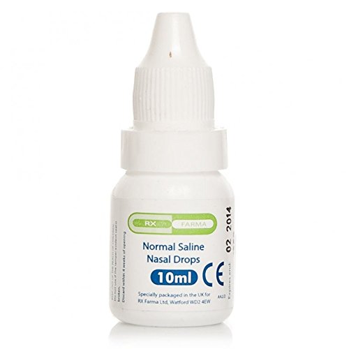 The small white plastic bottle labeled Saline Nasal Drops 0+ months (10ml) sodium chloride 0.9% by Generic is ideal for a baby care kit. It features a pointed nozzle for nasal congestion relief and a safety cap, with CE marking and packaging info visible on the label.