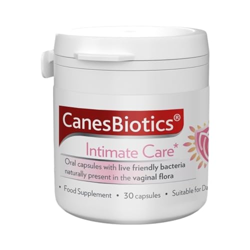 A Canesten Canesbiotics white container offers oral capsules with live cultures, featuring Lactobacillus helveticus. It contains 30 capsules suitable for daily use as a food supplement to support vaginal health.