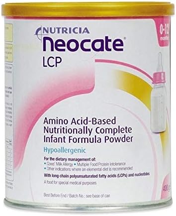Image of a Nutricia Neocate LCP Tub Powder (400g), a hypoallergenic, amino acid-based infant formula ideal for cows milk allergy. Its nutritionally complete and suitable for infants aged 0-12 months.