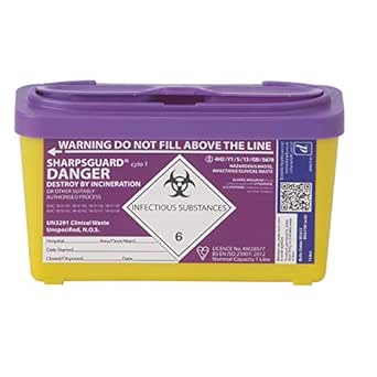 The SHARPSGUARD Purple Wide Box (1L) by Sharpsguard is a yellow and purple container featuring a biohazard symbol, Sharpsguard Danger, and labels for Infectious Substances with instructions for cytotoxic waste, ensuring safe sharps disposal.