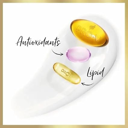 Three capsules on a white background, including a gold capsule labeled PROV—an ingredient in Pantene Active Nutri Plex XL - Smooth and Sleek Conditioner (350ml)—plus a pink capsule and another gold one, all with antioxidant and lipid labels indicated by arrows.