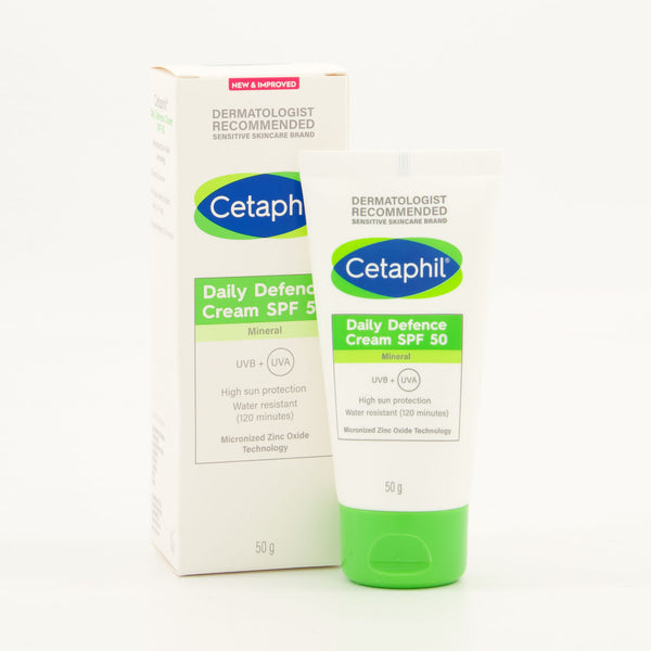 A 50g tube of Cetaphil Daily Defence Cream SPF50 stands before its box, showcasing its strong UVA/UVB protection with mineral sunscreen properties and up to 120 minutes of water resistance.