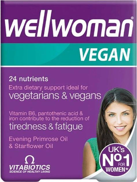 Box of Vitabiotics Wellwoman Vegan Tablets (60 Tablets) with info on key ingredients and women’s health benefits for a vegan lifestyle. Features a smiling woman and a badge stating UK’s No.1 for Women. Brand: Vitabiotics.