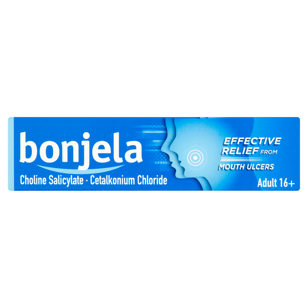 Bonjela Adult Sugar Free Mouth Ulcer Gel (15g) in a blue box with a face profile, stating effective relief from mouth ulcers. Ingredients and Adult 16+ indicated. Brand: Bonjela.
