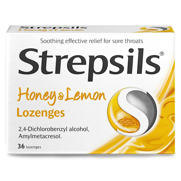 Strepsils Honey & Lemon Lozenges (36 Pack) by Strepsils provide effective sore throat relief and feature honey and lemon graphics on the packaging.