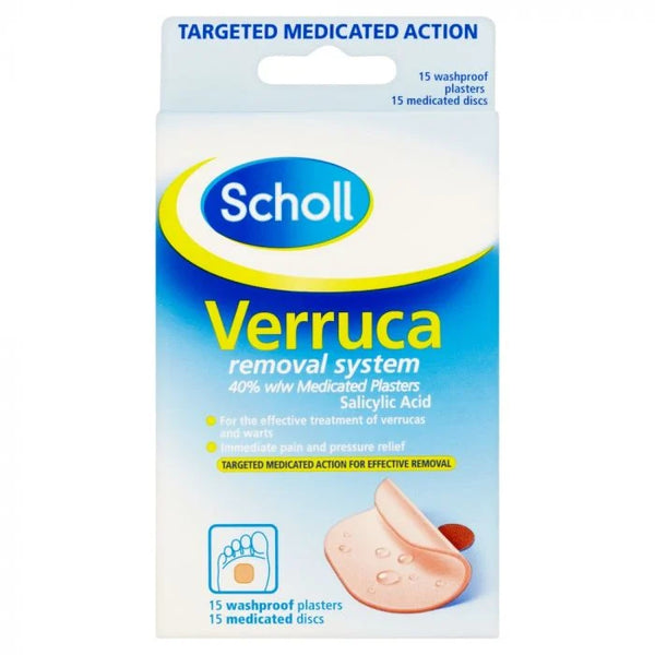 Scholl Verruca Removal Plasters (15) by Scholl provide effective treatment for verrucas and warts. The blue and yellow box features salicylic acid prominently and an image of a plaster applied to a foot.