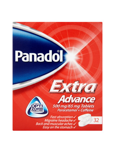 The red box of Panadol Extra Advance 500mg/65mg (32 Tablets) by Panadol offers fast absorption for pain relief from migraines, back, and muscle aches while being gentle on the stomach.