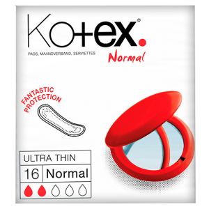 Kotex Ultra Thin Normal Pads (16 Pack) packaging features a red compact mirror, pad illustration with Fantastic Protection, discreet normal absorbency details, and a droplet chart indicating ultra thin level. Brand: Kotex.