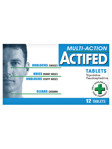 Box of Actifed Multi Action Tablets (12 Tablets) by Actifed, showing a partial face, green arrows to sinuses and nose. Text highlights fast cold and flu relief: unblocks sinuses/nose, dries runny noses, clears catarrh and allergy symptoms.