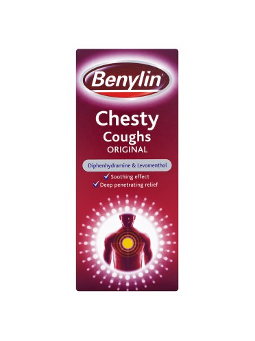 The Benylin Chesty Coughs Original (150ml) features a red and white box with text on Diphenhydramine and Levomenthol. It includes an illustration of a person with a highlighted chest, symbolizing deep cough relief for congestion symptoms.