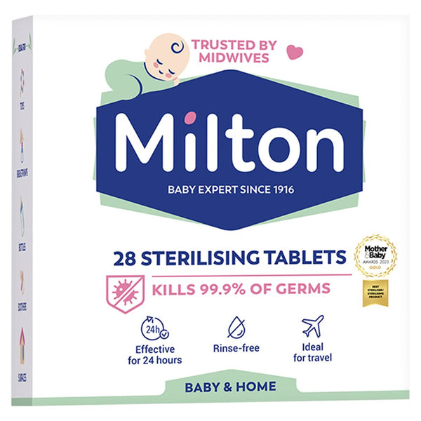 Milton sterilising tablets feature Trusted by Midwives and Kills 99.9% of Germs text, a baby illustration, and icons for 24-hour effectiveness, rinse-free use, and travel. Perfect for baby item sterilisation. Comes with an award logo on the side. Includes 28 tablets by Milton.