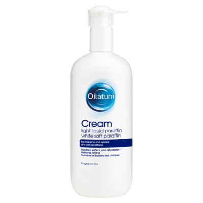 A white pump bottle of Oilatum emollient Cream Fragrance Free (500ml) in blue and white branding soothes eczema and dry skin with light liquid paraffin and white soft paraffin. Suitable for babies and children, it offers gentle relief.