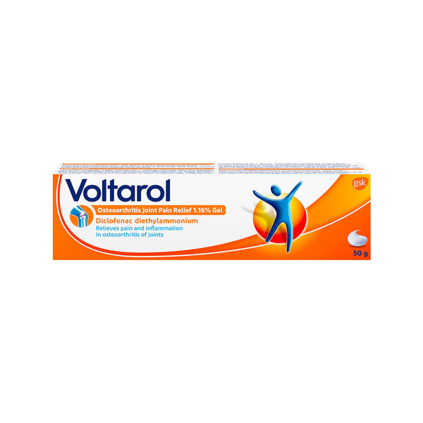 The Voltarol Joint Pain 1.16% Diclofenac Gel (50g) is a topical solution to relieve joint pain and inflammation. The packaging showcases an orange design with Voltarol branding and a small dynamic figure logo on the right.