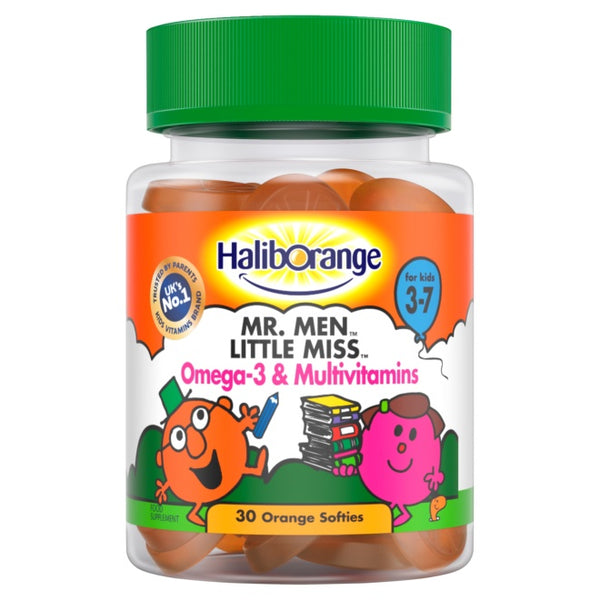 The Haliborange Mr Men Omega 3 & Multi-Vitamin Softies (30) by Seven Seas are orange softies with a vibrant orange label and green lid, featuring Mr. Men and Little Miss characters, designed for kids aged 3-7 as a daily nutritional boost.
