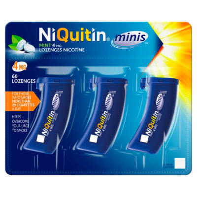 The NiQuitin Lozenges Mini Mint 4mg pack contains 60 lozenges in blue sunburst packaging, designed to help curb smoking urges as part of Nicotine Replacement Therapy.