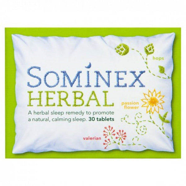 Image of a Sominex Herbal (30 Tablets) box against a green background, featuring illustrations of hops, passion flower, and valerian, promoting an all-natural sleep remedy from Sominex for calming sleep.