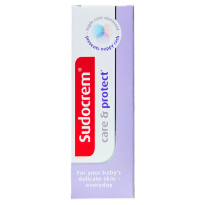 The image features a rectangular box of Sudocrem Care and Protect Cream (30g), showcasing its white packaging with a lavender stripe, emphasizing its benefits to prevent nappy rash and care for babys sensitive skin.
