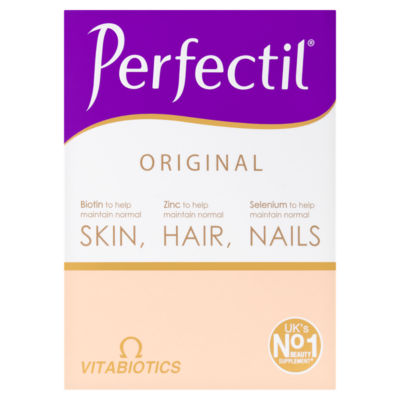 The front of the Vitabiotics Perfectil Original Tablets (30 count) box displays beauty vitamins for healthy skin, hair, and nails with biotin, zinc, and selenium. It features purple, white, peach colors and the Vitabiotics logo.