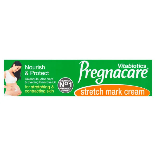 The packaging of Vitabiotics Pregnacare Stretch Mark Cream (100ml) showcases a green and orange box with white Nourish & Protect text, highlighting Calendula, Aloe Vera, and Evening Primrose Oil. It features a pregnant woman on the left to emphasize skin care during pregnancy.