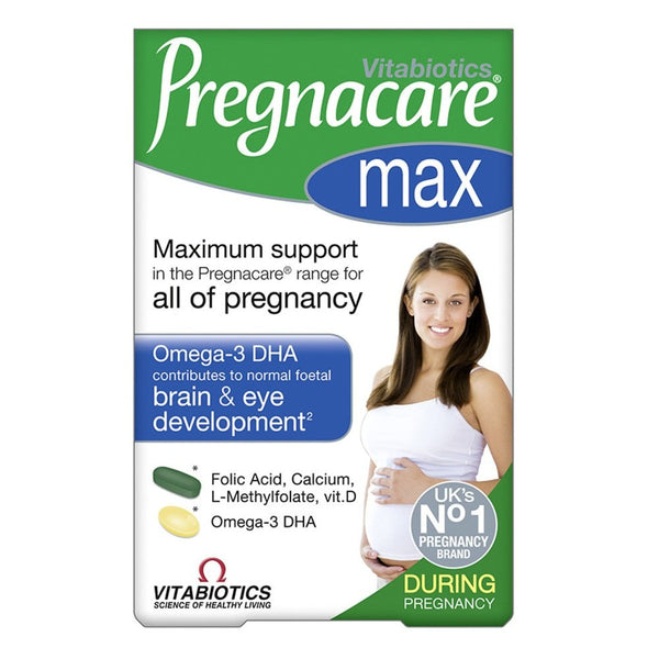 The Vitabiotics Pregnacare MAX plus omega-3 dual pack (84 capsules and tablets) highlights its role as a leading pregnancy supplement with essential nutrients like Omega-3 DHA for fetal brain and eye development, Folic Acid, Calcium, and Vitamin D. Label: UKs No.1 Pregnancy Brand.