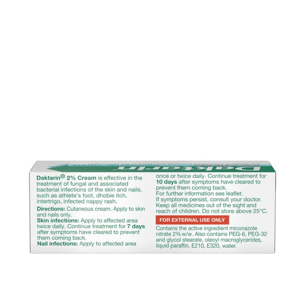 A white and green box of Daktarin 2% Miconazole Cream (15g) is designed for treating fungal infections, detailing its use for skin and nail issues. It contains miconazole nitrate with a label for usage instructions and storage advice.