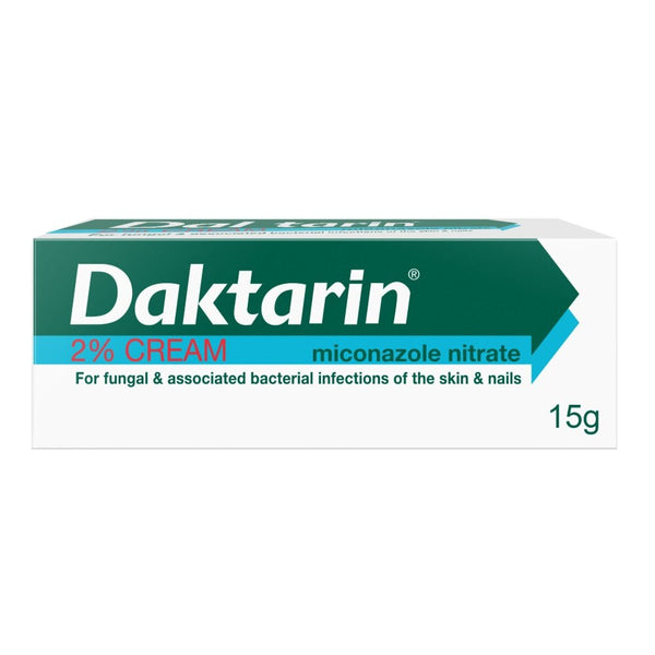The image shows a box of Daktarin 2% Miconazole Cream (15g), an effective treatment for fungal infections. The packaging, featuring green and red colors, is designed to emphasize its function in addressing skin and nail infections.