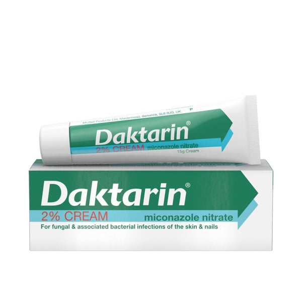 A 15g tube of Daktarin 2% Miconazole Cream sits on its box. The green and white packaging emphasizes its active ingredient, Miconazole nitrate, renowned for treating fungal and related bacterial infections of the skin and nails.
