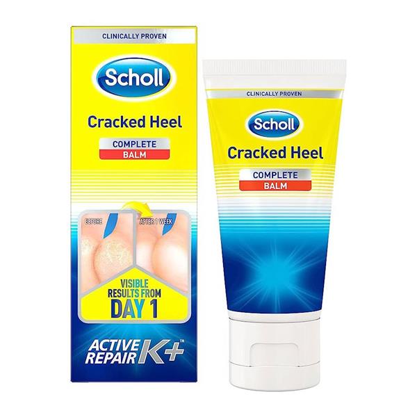 Image of Scholl Cracked Heel Repair Cream K+ (60ml) packaging. Features a yellow and blue theme. Tube and box display Visible results from day 1 and Clinically proven. This hypoallergenic cream promises effective cracked heel repair, with box images showing heels before and after treatment.