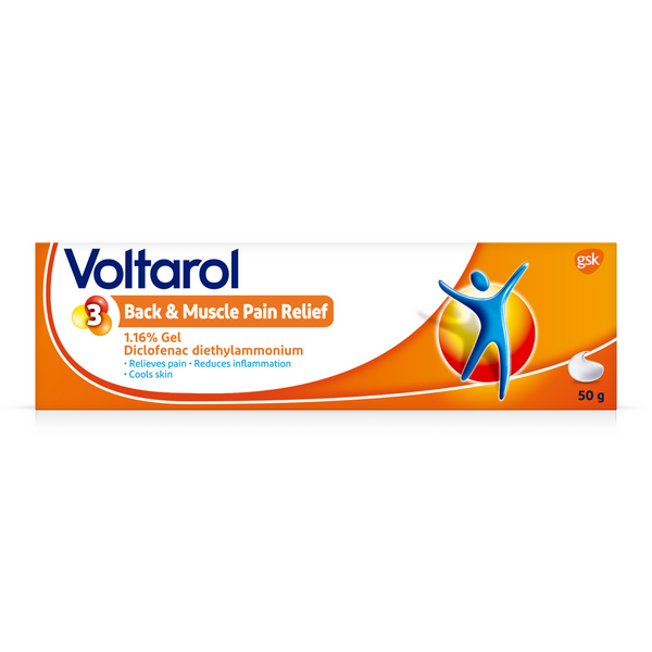 The Voltarol Back and Muscle Pain Relief Gel (50g) package highlights 1.16% Gel Diclofenac diethylammonium for targeted pain relief and skin cooling, featuring an abstract blue figure, orange design elements, and the GSK logo, offering anti-inflammatory benefits.