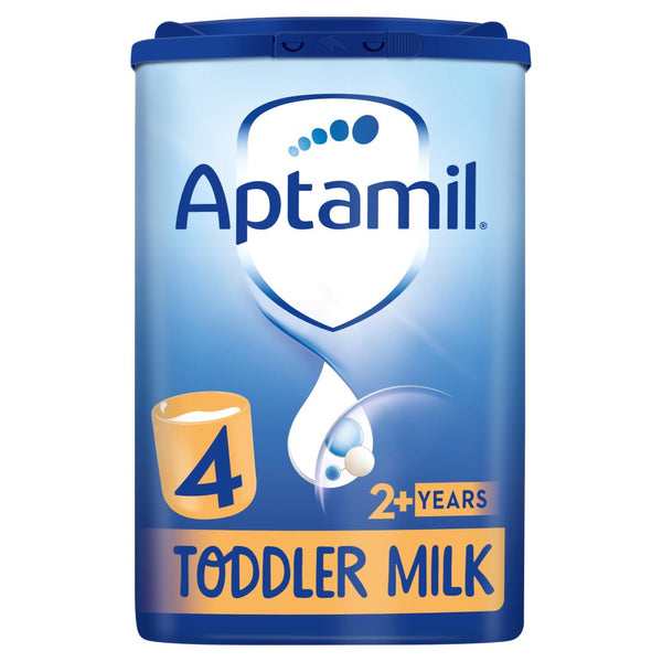 Aptamil 4 Toddler Milk 2+ Years (800g) by Aptamil features a blue and white container with the number 4, a cup icon, and highlights its Pronutra†™ blend as a fortified milk drink for toddlers aged 2 years and above.
