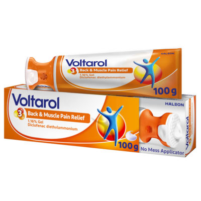 An image displays a Voltarol Back and Muscle Pain Relief Gel with No Mess Applicator in 100g. The orange and white packaging highlights the gels key ingredient, 1.16% diclofenac diethylammonium, for effective inflammation relief.
