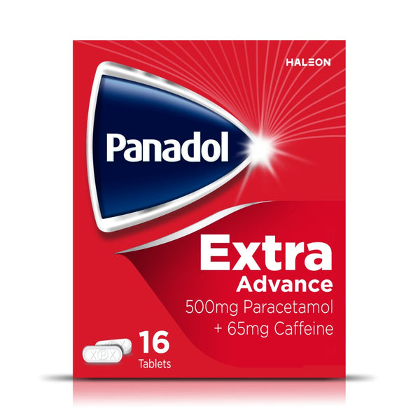 The Panadol Extra Advance red box, featuring Optizorb formulation, contains 16 tablets for effective pain relief with 500mg Paracetamol + 65mg Caffeine labeled. The blue and silver Panadol logo is on the left, and Haleon is at the top right corner.