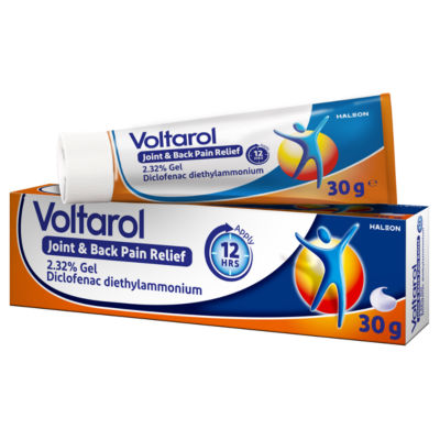 Voltarol Joint and Pain Relief Gel (30g) with 2.32% diclofenac diethylammonium provides effective anti-inflammatory action; packaging depicts a human figure on an orange and blue background, instructing application every 12 hours.