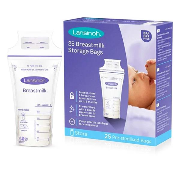 A box of Lansinoh Breast Milk Storage Bags (25 Pack) by Lansinoh is shown next to a single bag. The box highlights the Best Product for Breastfeeding and includes 25 pre-sterilised, BPA/BPS-free bags with a baby image on the packaging.