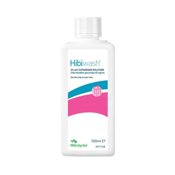 A 500ml bottle of Hibiwash Antimicrobial Wash by Molnlycke, in white with pink and teal accents, promotes skin health. The primarily white label includes product details and the Molnlycke logo at the bottom left.