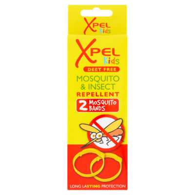 A yellow and red box of Xpel Kids Mosquito and Insect Repellent Bands (2 Bands) by Xpel, labeled DEET FREE, with an insect repellent logo, a crossed-out mosquito, and two yellow kids’ bands shown at the bottom.
