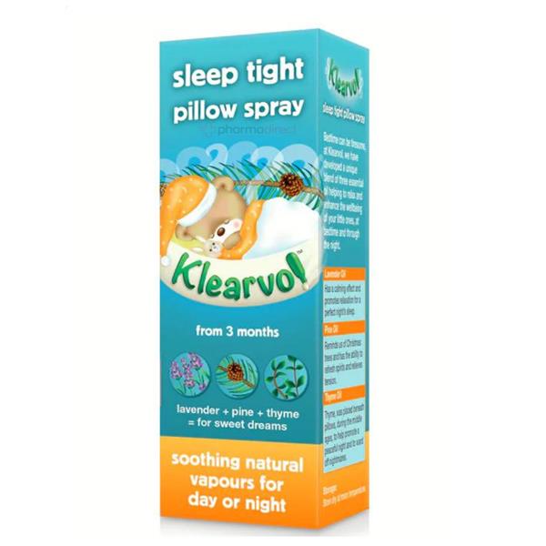 The Klearvol Sleep Tight Pillow Spray (100ml) has a bear on a cloud pillow design. Infused with lavender, pine, and thyme essential oils, it releases soothing vapors for natural sweet dreams. Suitable for ages 3 months and up.