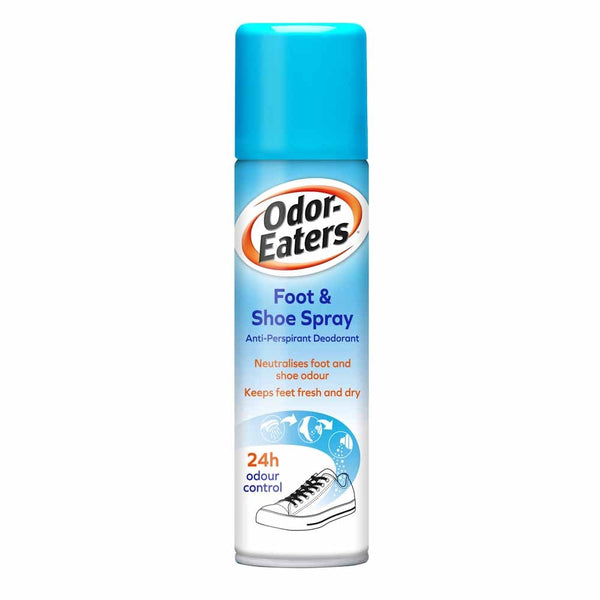 The Odor-Eaters Foot and Shoe Spray (150ml) is an anti-perspirant designed to prevent odor, featuring a blue top and shoe graphic. It offers 24-hour odor control, keeping feet fresh and dry.