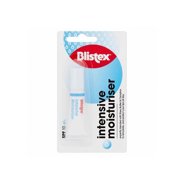 Blistex Intensive Moisturiser - Lip Balm With SPF 10 (5g) by Blistex, in white and blue packaging with bold “SPF 10” and “intensive moisturiser” text, ideal for soothing dry lips, shown against a white background.