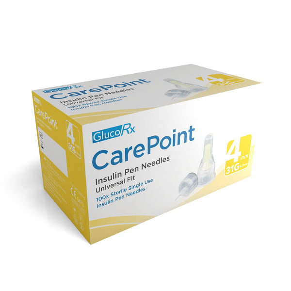 The image shows a GlucoRx CarePoint Pen Needles box, designed for diabetes care. Labeled 31g/4mm, the pack contains 100 sterile, single-use needles with a universal fit.