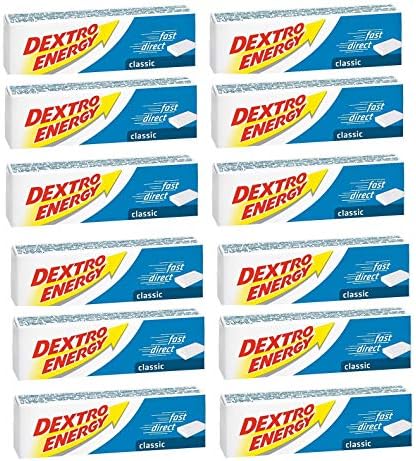 Image of 15 packs of Dextro Energy Tablets - Classic (24 pack), a fast-acting glucose supplement from Dextro Energy that boosts energy levels. The packs are arranged in a grid, alternating between red and yellow labels and blue and yellow labels, both marked classic.