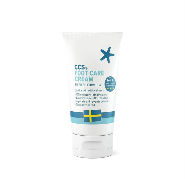 A 60ml white tube of CCS Foot Care Cream, featuring blue text, a blue star, and a Swedish flag. This podiatrist-recommended CCS cream moisturizes dry, callused feet and helps prevent odors with its Swedish formula.