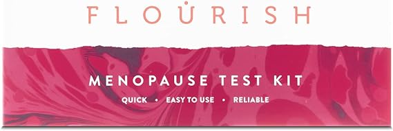 A Flourish Menopause Test Kit box with a red and white abstract design states, Quick - Easy to Use - Reliable. This kit efficiently detects follicle stimulating hormone levels for accurate menopause testing.