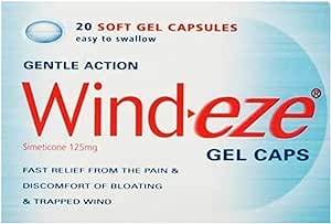 Wind-eze Gel Caps packaging displays 20 soft gel capsules, easy to swallow, each containing 125mg of Simeticone. They promise fast relief from bloating discomfort and trapped wind for soothing comfort.