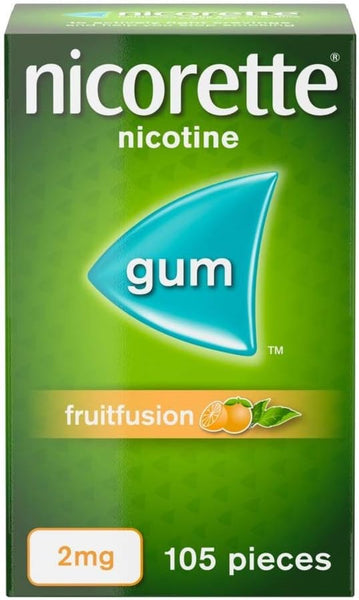 The Nicorette Fruitfusion 2mg Gum comes in green packaging with gum in a blue triangle and contains 105 pieces. This stop-smoking aid supports your nicotine replacement therapy journey.
