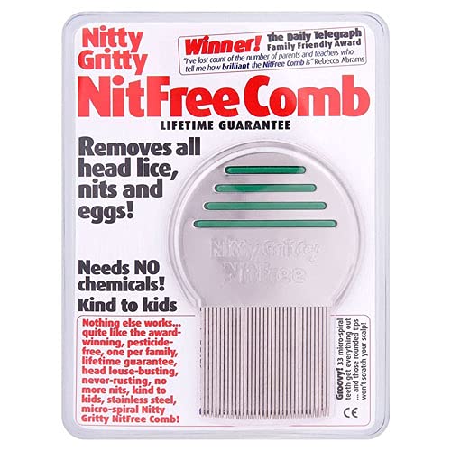 The Nitty Gritty Nit Free Comb (1 pack) is a family-friendly head lice treatment, awarded for safety. It removes lice, nits, and eggs without chemicals, and is gentle on children. The comb features gray with green stripes and comes with a lifetime guarantee from the Nitty Gritty brand.
