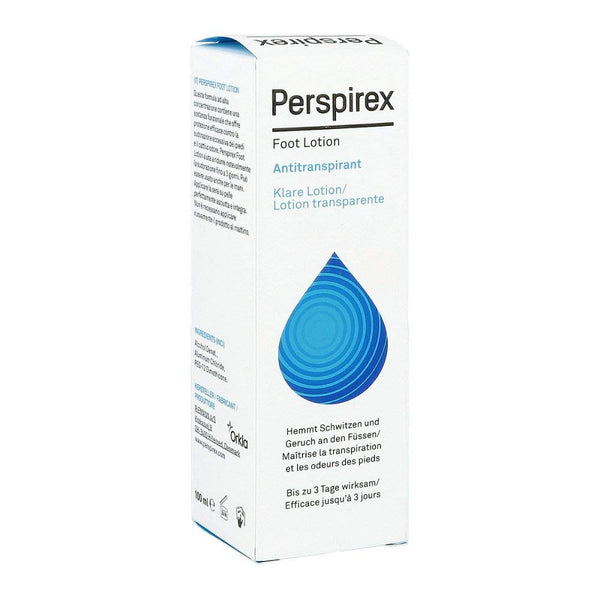 A white box of Perspirex Antiperspirant Foot Lotion (100ml) features a blue water droplet and text in English, German, and French, indicating it controls excessive foot sweat and odor for up to 3 days.