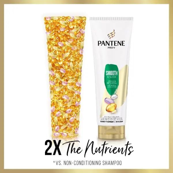 A Pantene Active Nutri Plex XL - Smooth and Sleek Conditioner (350ml) stands by golden capsules. Text reads: 2X The Nutrients.*Vs. Non-Conditioning Shampoo. A gold border highlights this Pantene frizz control product.
