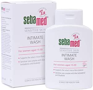 Sebamed Sensitive Skin Intimate Wash (200ml) offers safe, mild daily care for women 15-50, with a 3.8 pH to support vulva micro-flora and moisture balance. Box and bottle packaging highlight benefits for sensitive skin.