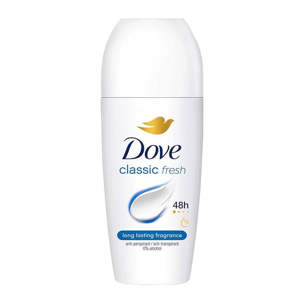 A white Dove Anti-Perspirant Classic Fresh Roll-On (50ml) bottle features the Dove brand, a gold dove logo, blue accents, and 48h lasting freshness on the front.